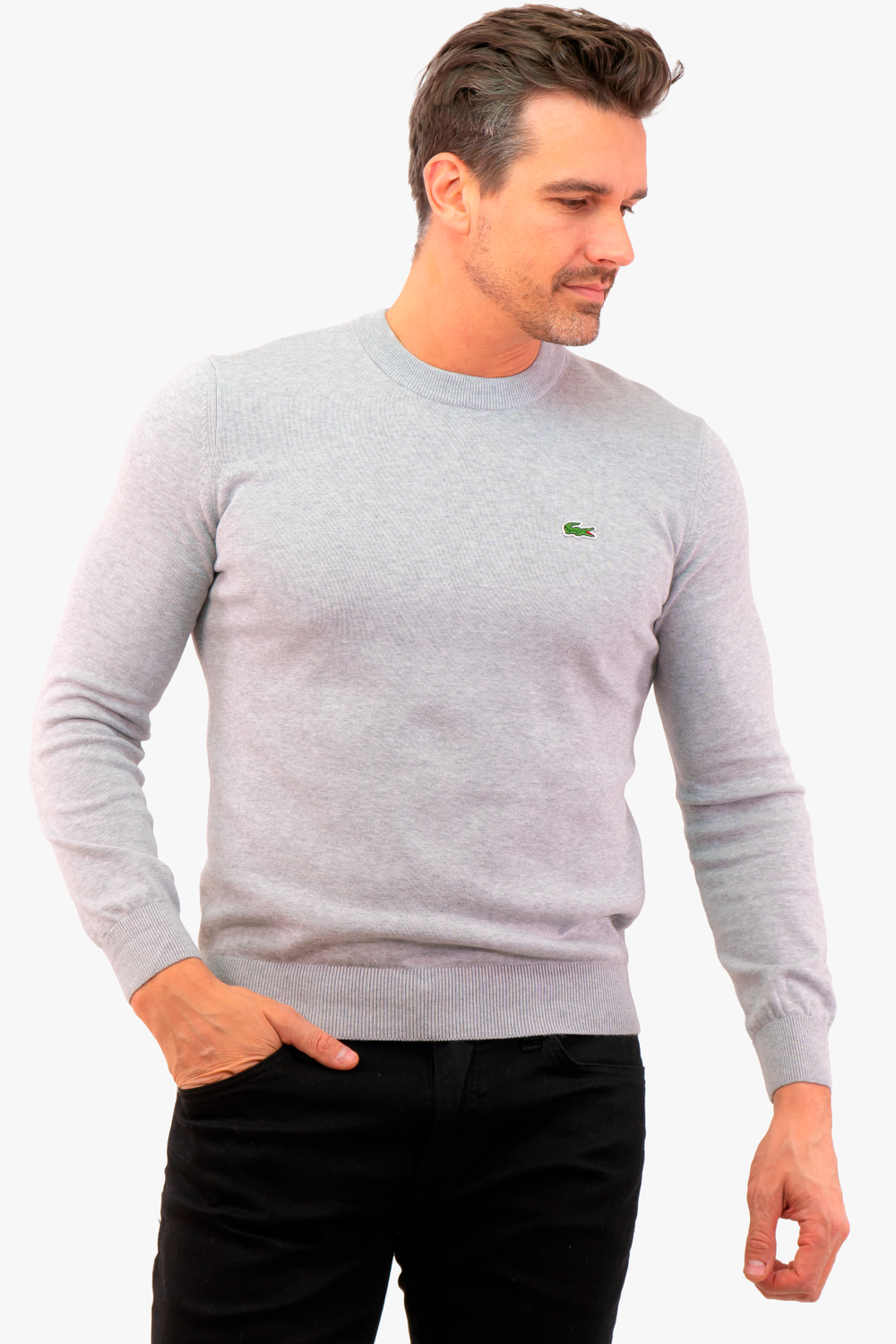 Chandail Pull À Col Rond En Coton Biologique Uni Lacoste de couleur Argent