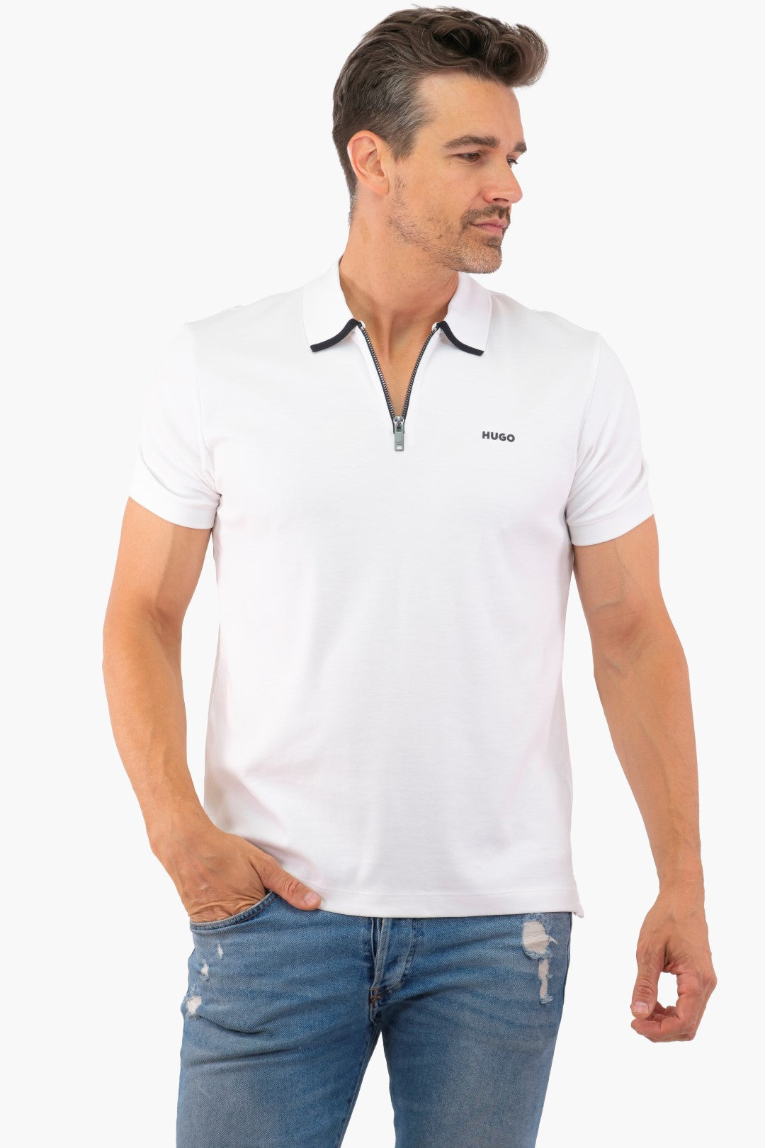 Hugo boss blue shirt white collar best sale