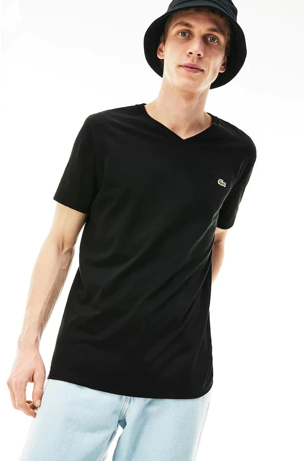 Lacoste Plain Pima Cotton Jersey V-Neck T-Shirt in Black